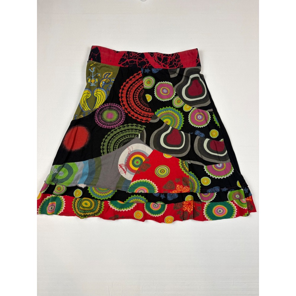 Desigual Mini Skirt Women Size M Multicolor Cotton Patchwork Embroidered Boho